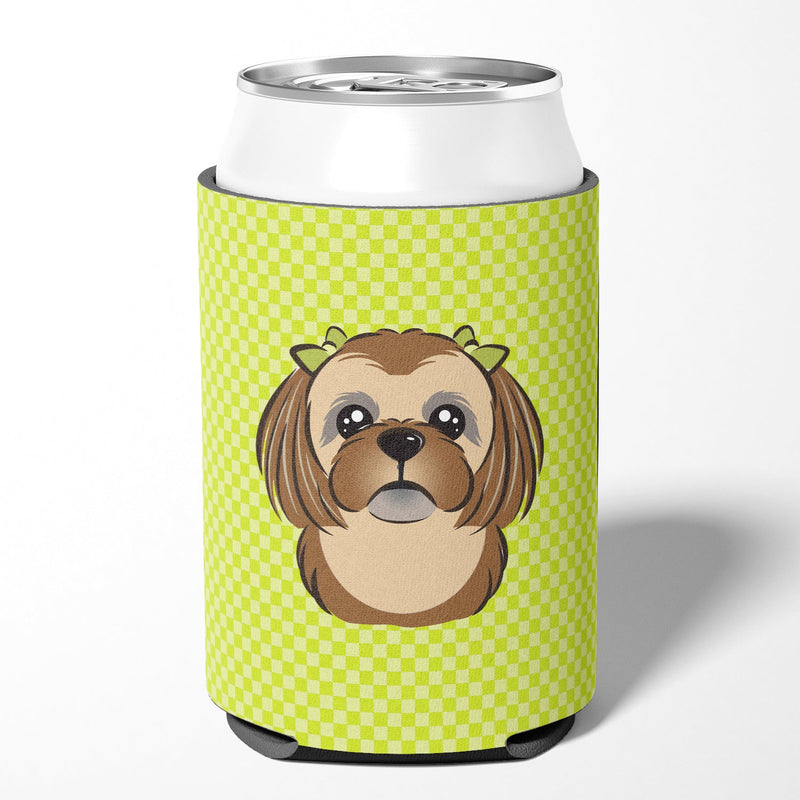 Checkerboard Lime Green Chocolate Brown Shih Tzu Can or Bottle Hugger BB1311CC