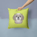 Checkerboard Lime Green Gray Silver Shih Tzu Decorative Throw Pillow 14x14 Indoor Outdoor Accent Cushion, Fabric Cover with Insert for Sofa, Bed, Porch & Living Room