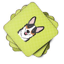 Checkerboard Lime Green Corgi Foam Coasters Set of 4 Cup Coasters for Indoor Outdoor, Tabletop Protection, Anti Slip, Mouse pad Material