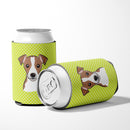 Checkerboard Lime Green Jack Russell Terrier Can or Bottle Hugger Cooler Sleeve for Standard 12 oz Cans, Insulated Foam Beer & Soda Can Hugger Reusable