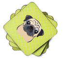 Checkerboard Lime Green Fawn Pug Foam Coasters Set of 4 Cup Coasters for Indoor Outdoor, Tabletop Protection, Anti Slip, Mouse pad Material