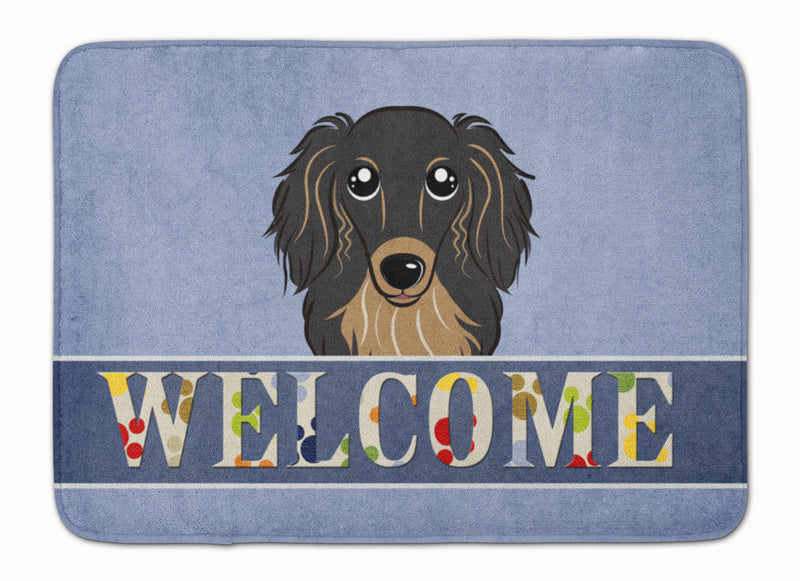 Longhair Black and Tan Dachshund Welcome Machine Washable Memory Foam Mat BB1399RUG