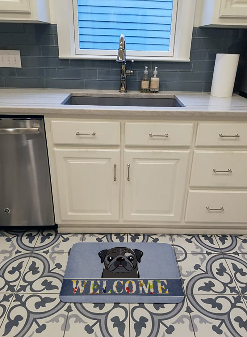 Black Pug Welcome Machine Washable Memory Foam Mat BB1449RUG