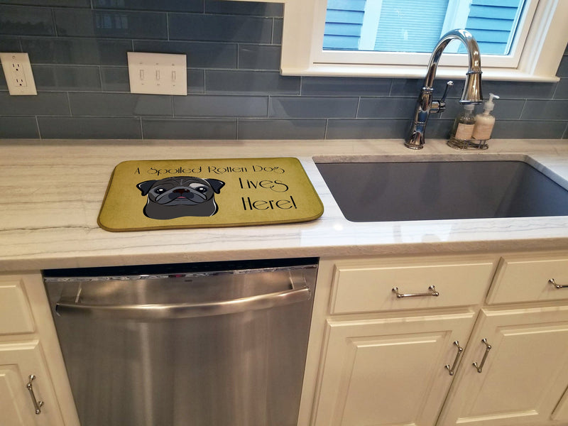 Black Pug Spoiled Dog Lives Here Dish Drying Mat – Absorbent, Artistic Kitchen Essentials BB1511DDM
