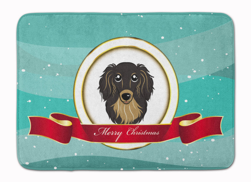 Longhair Black and Tan Dachshund Merry Christmas Machine Washable Memory Foam Mat BB1523RUG