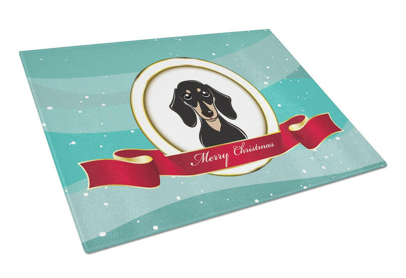 Smooth Black and Tan Dachshund Merry Christmas Glass Cutting Board Large BB1525LCB