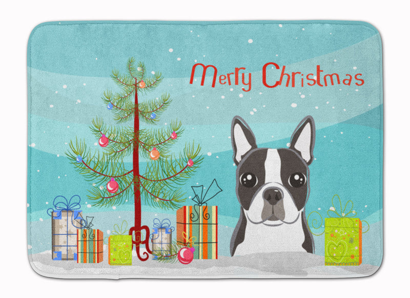 Christmas Tree and Boston Terrier Machine Washable Memory Foam Mat BB1575RUG