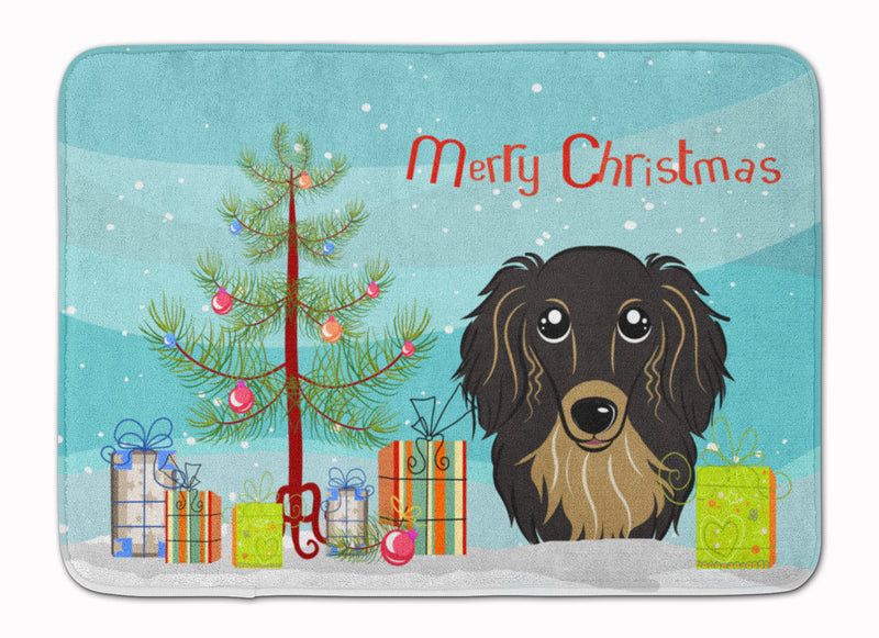 Christmas Tree and Longhair Black and Tan Dachshund Machine Washable Memory Foam Mat BB1585RUG