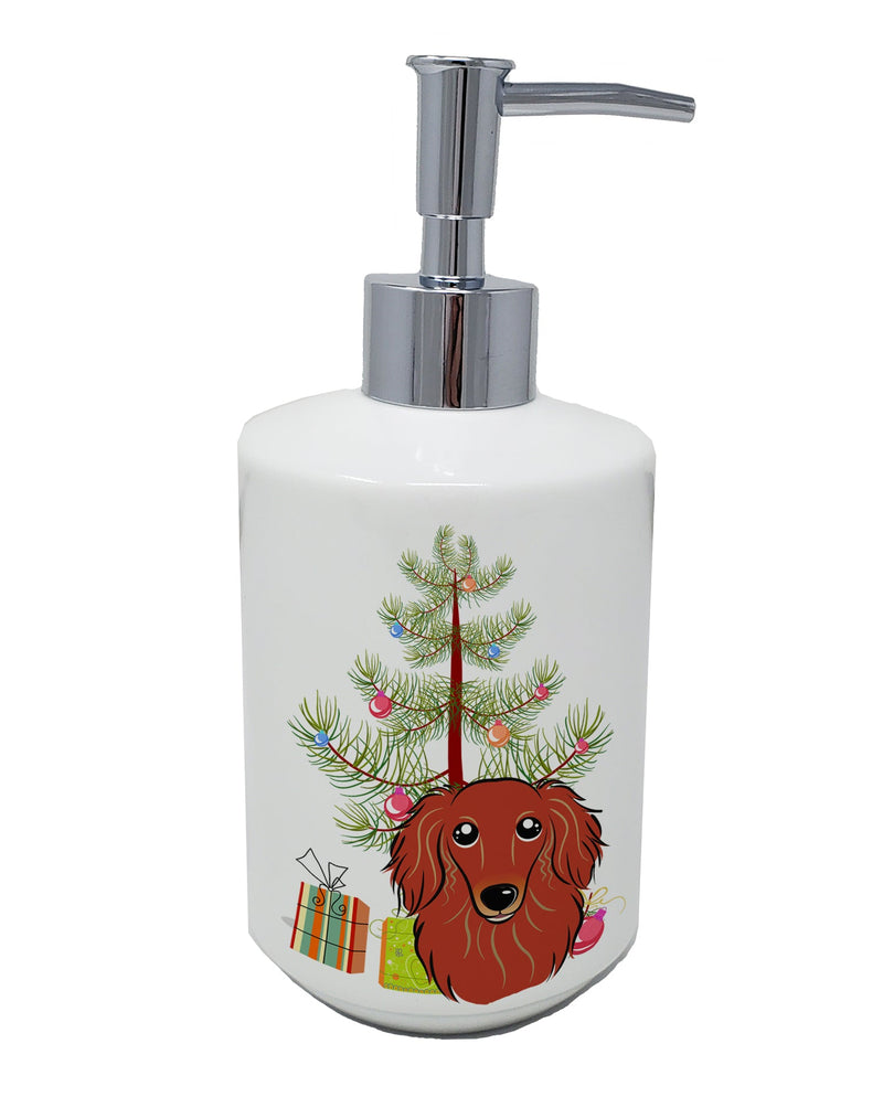 Christmas Tree and Longhair Red Dachshund Ceramic Soap Dispenser