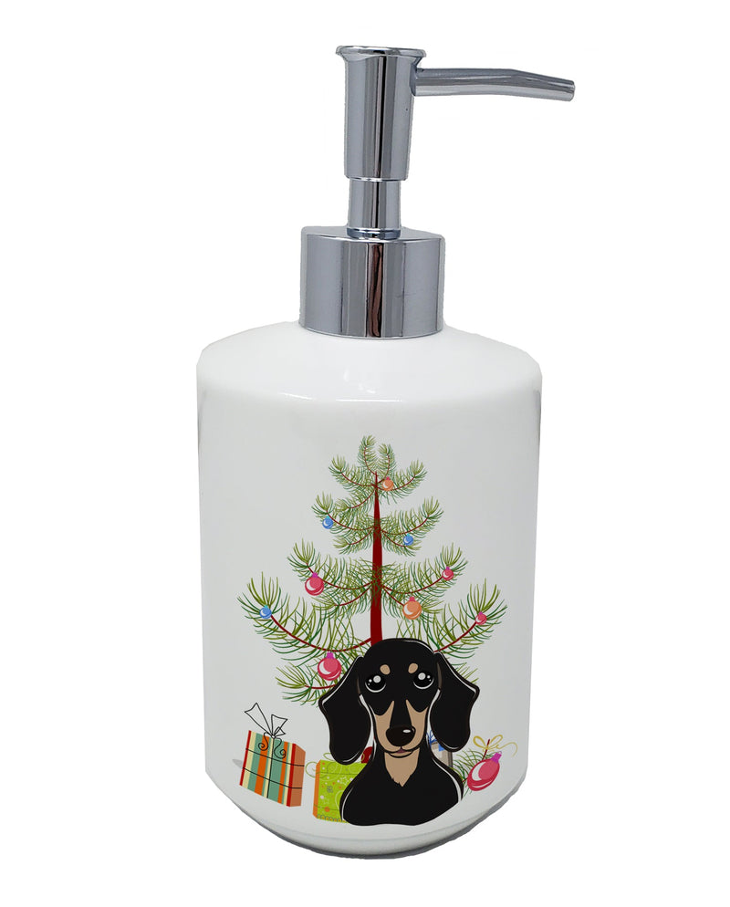 Christmas Tree and Smooth Black and Tan Dachshund Ceramic Soap Dispenser