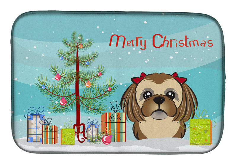 Christmas Tree and Chocolate Brown Shih Tzu Dish Drying Mat BB1621DDM