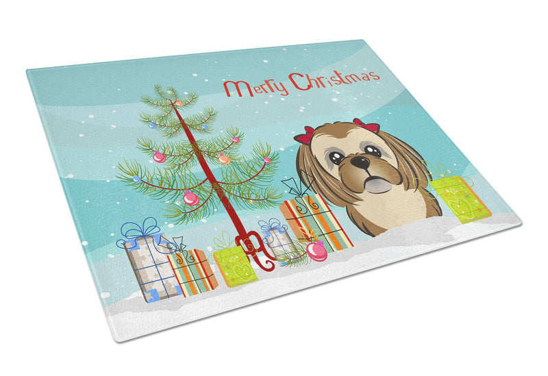 Christmas Tree and Chocolate Brown Shih Tzu Glass Cutting Board Large BB1621LCB