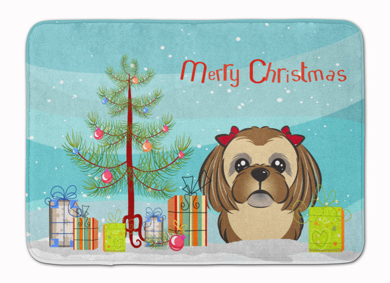 Christmas Tree and Chocolate Brown Shih Tzu Machine Washable Memory Foam Mat BB1621RUG