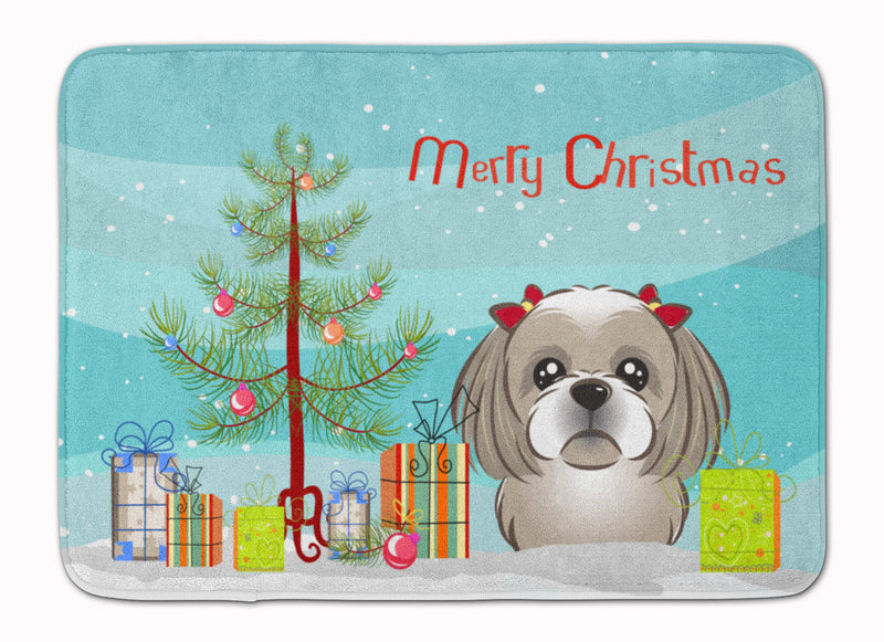 Christmas Tree and Gray Silver Shih Tzu Machine Washable Memory Foam Mat BB1622RUG