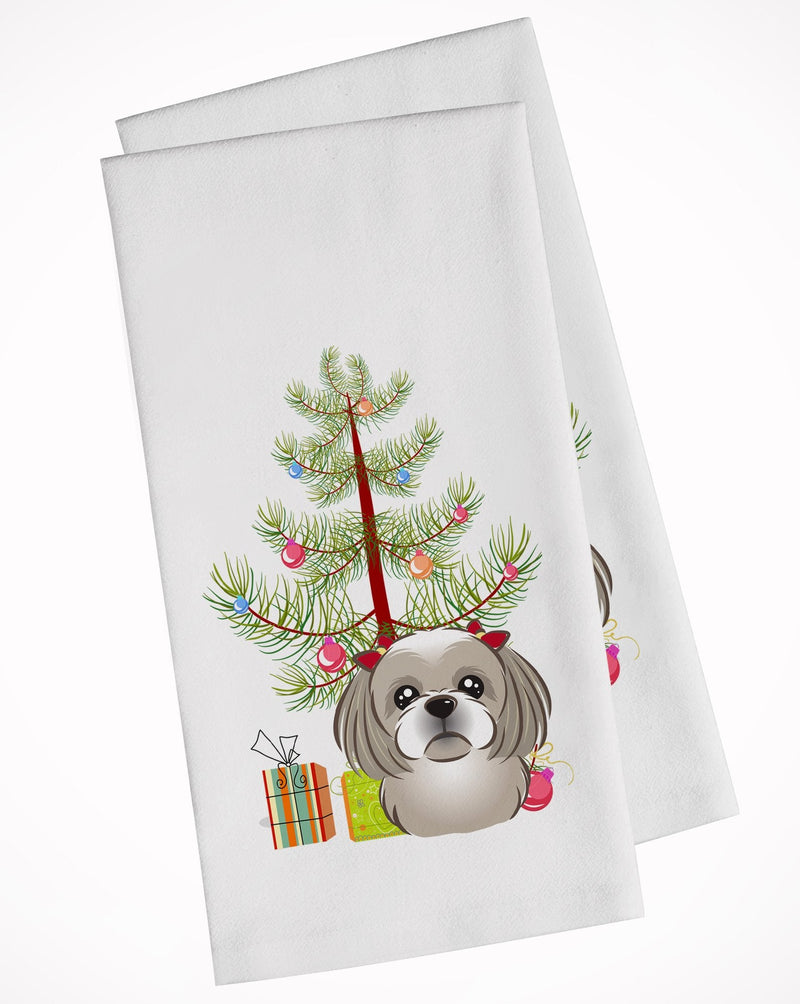 Christmas Tree and Gray Silver Shih Tzu Kitchen Towels – Set of 2 - Decorative & Absorbent Cotton | BB1622WTKT