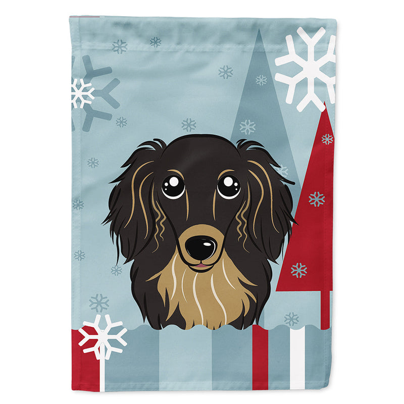 Winter Holiday Longhair Black and Tan Dachshund Flag Canvas House Size BB1709CHF