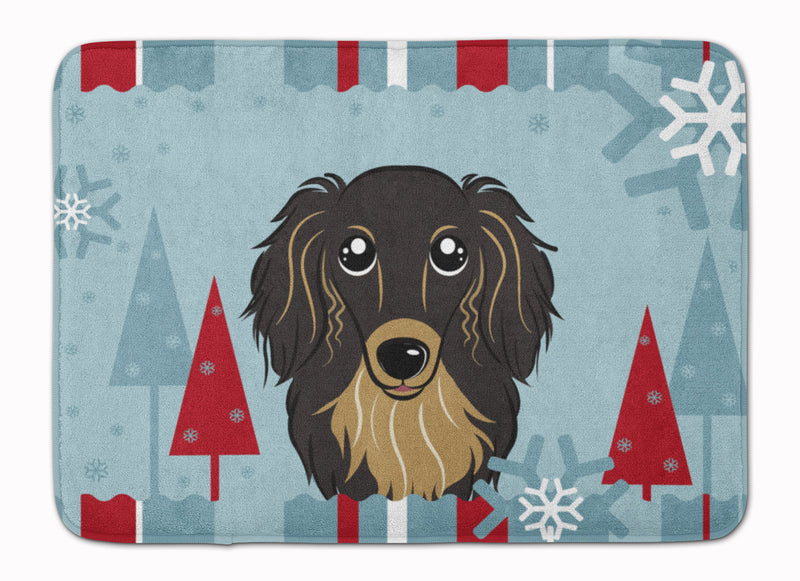 Winter Holiday Longhair Black and Tan Dachshund Machine Washable Memory Foam Mat BB1709RUG