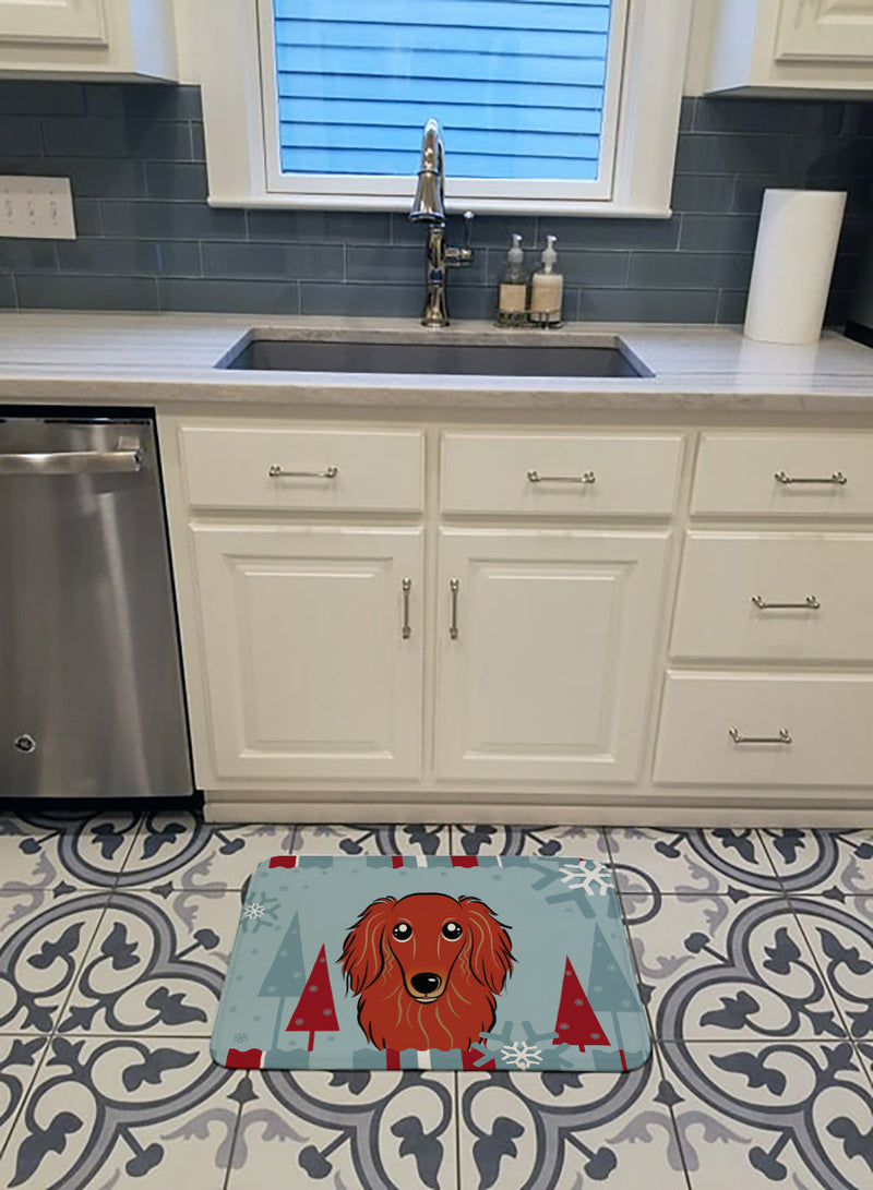 Winter Holiday Longhair Red Dachshund Machine Washable Memory Foam Mat BB1710RUG