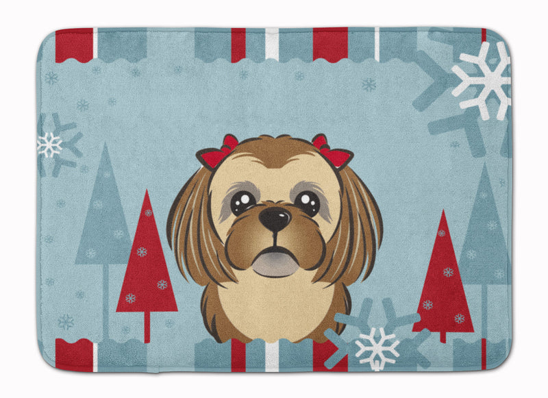 Winter Holiday Chocolate Brown Shih Tzu Machine Washable Memory Foam Mat BB1745RUG