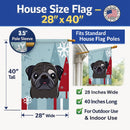 Winter Holiday Black Pug House Flag 28x40 Porch Sleeve Pole Decorative Outside Yard Banner Artwork Wall Hanging, Polyester