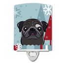 Winter Holiday Black Pug Ceramic Night Light Compact, UL-Certified, Ideal for Bedroom, Bathroom, Nursery, Hallway, Kitchen, 6x4x3, Multicolor