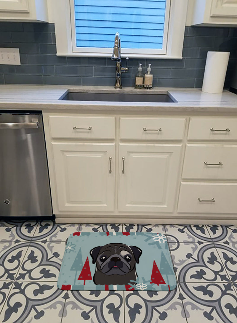 Winter Holiday Black Pug Machine Washable Memory Foam Mat BB1759RUG