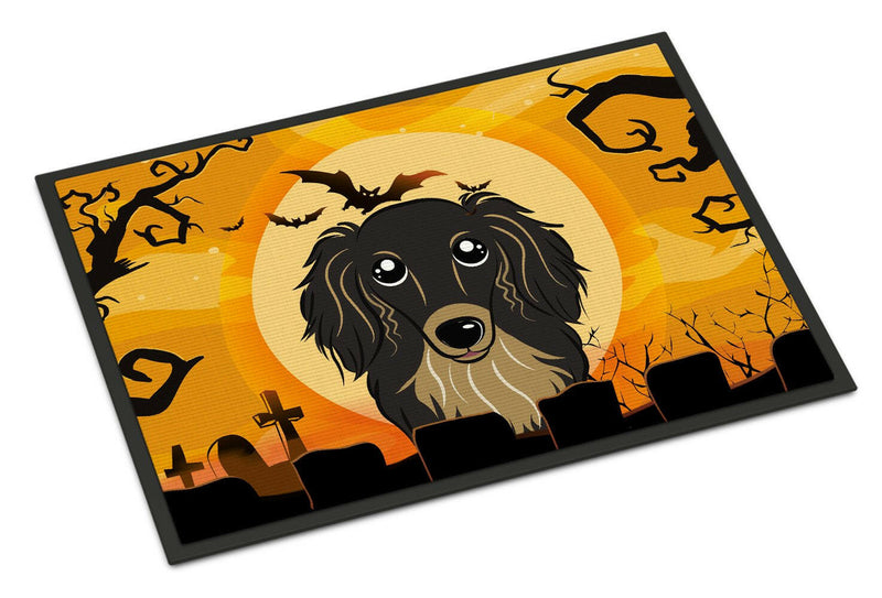 Halloween Longhair Black and Tan Dachshund Indoor or Outdoor Mat 24x36 BB1771JMAT