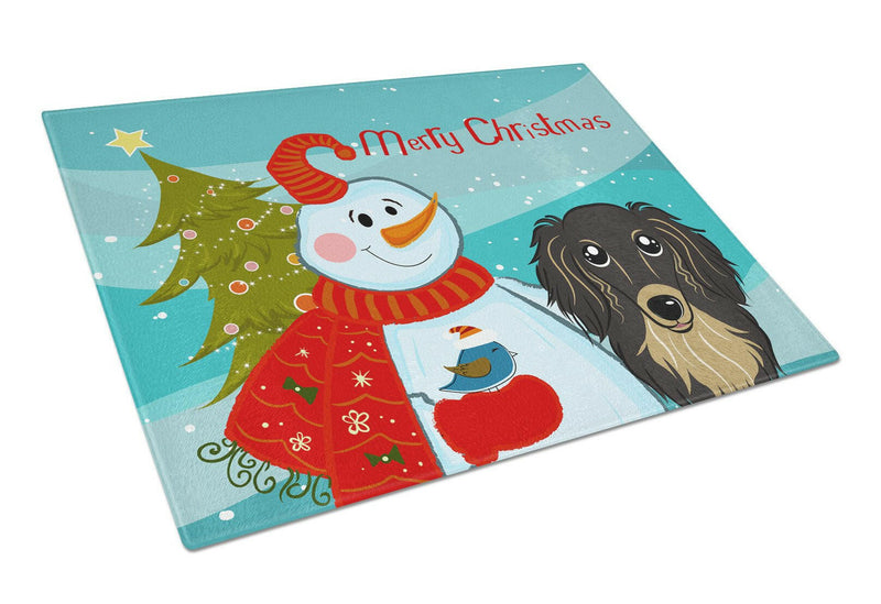 Snowman with Longhair Black and Tan Dachshund Glass Cutting Board Large BB1833LCB