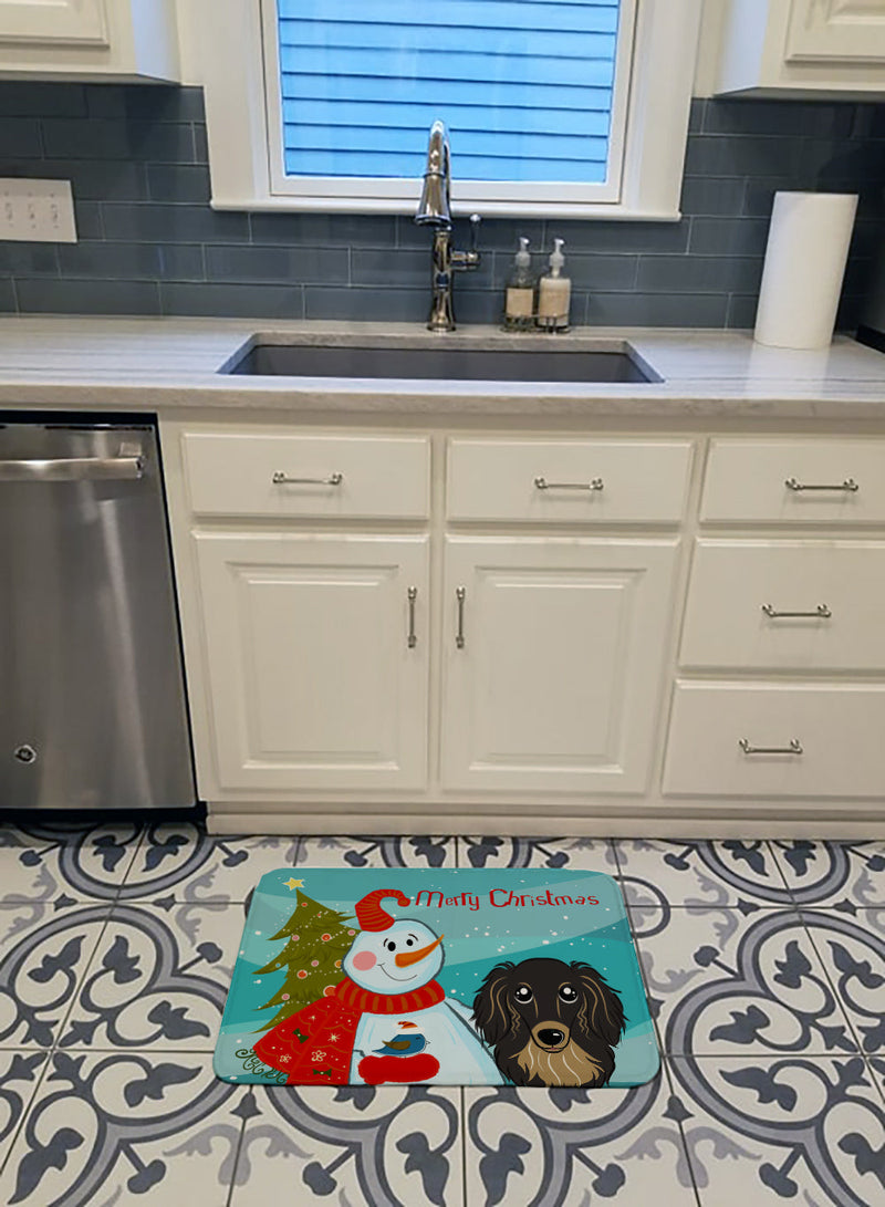 Snowman with Longhair Black and Tan Dachshund Machine Washable Memory Foam Mat BB1833RUG