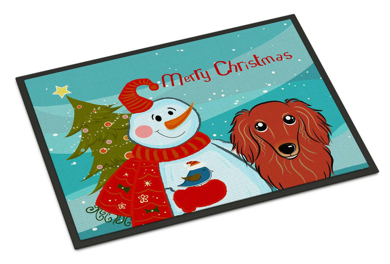 Snowman with Longhair Red Dachshund Indoor or Outdoor Mat 18x27 BB1834MAT