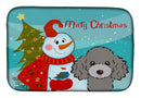 Snowman with Silver Gray Poodle Dish Drying Mat Absorbent Dish Drying Mat Pad for Kitchen Counter Dish Drainer Mat for Countertop, 14 x 21", Multicolor