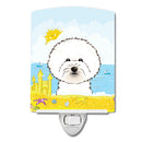 Bichon Frise Summer Beach Ceramic Night Light Compact, UL-Certified, Ideal for Bedroom, Bathroom, Nursery, Hallway, Kitchen, 6x4x3, Multicolor