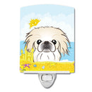 Pekingese Summer Beach Ceramic Night Light Compact, UL-Certified, Ideal for Bedroom, Bathroom, Nursery, Hallway, Kitchen, 6x4x3, Multicolor