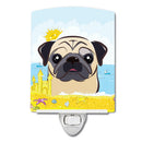 Fawn Pug Summer Beach Ceramic Night Light Compact, UL-Certified, Ideal for Bedroom, Bathroom, Nursery, Hallway, Kitchen, 6x4x3, Multicolor
