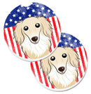 American Flag and Longhair Creme Dachshund Car Coasters – Set of 2 - Absorbent Stone with Fun & Functional Artwork BB2142CARC