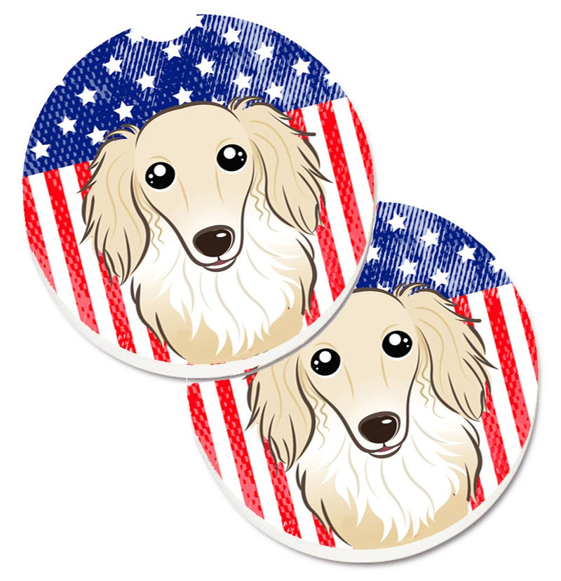 American Flag and Longhair Creme Dachshund Car Coasters – Set of 2 - Absorbent Stone with Fun & Functional Artwork BB2142CARC