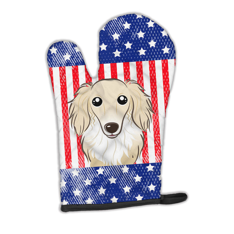 American Flag and Longhair Creme Dachshund Oven Mitt BB2142OVMT