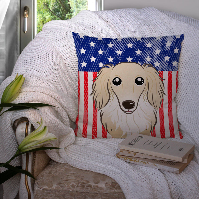 American Flag and Longhair Creme Dachshund Throw Pillow - 14x14 Decorative Pillow – Art for Your Home & Patio BB2142PW1414