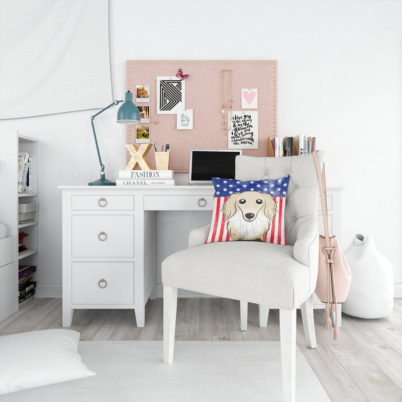 American Flag and Longhair Creme Dachshund Throw Pillow - 14x14 Decorative Pillow – Art for Your Home & Patio BB2142PW1414