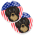 American Flag and Longhair Black and Tan Dachshund Car Coasters – Set of 2 - Absorbent Stone with Fun & Functional Artwork BB2143CARC