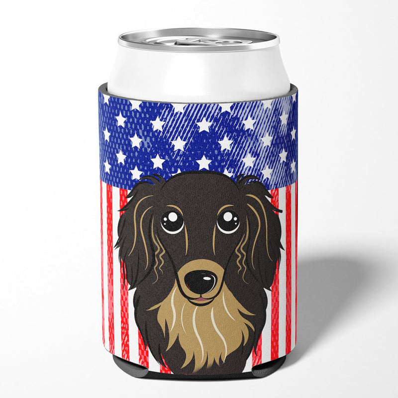 American Flag and Longhair Black and Tan Dachshund Can or Bottle Hugger BB2143CC