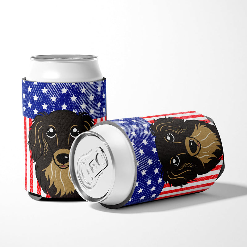 American Flag and Longhair Black and Tan Dachshund Can or Bottle Hugger BB2143CC