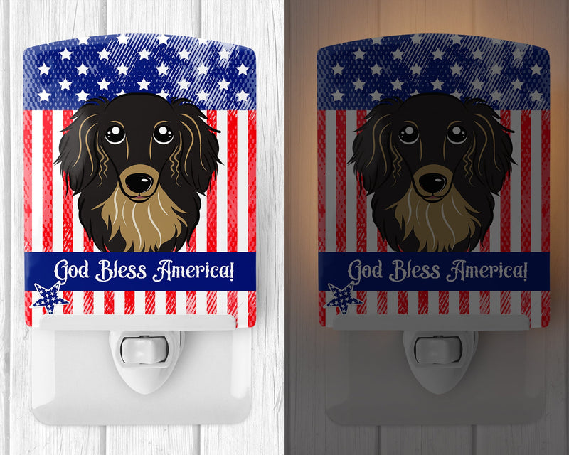 American Flag and Longhair Black and Tan Dachshund Ceramic Night Light BB2143CNL