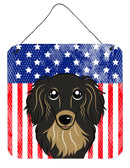 American Flag and Longhair Black and Tan Dachshund Wall or Door Hanging Prints BB2143DS66
