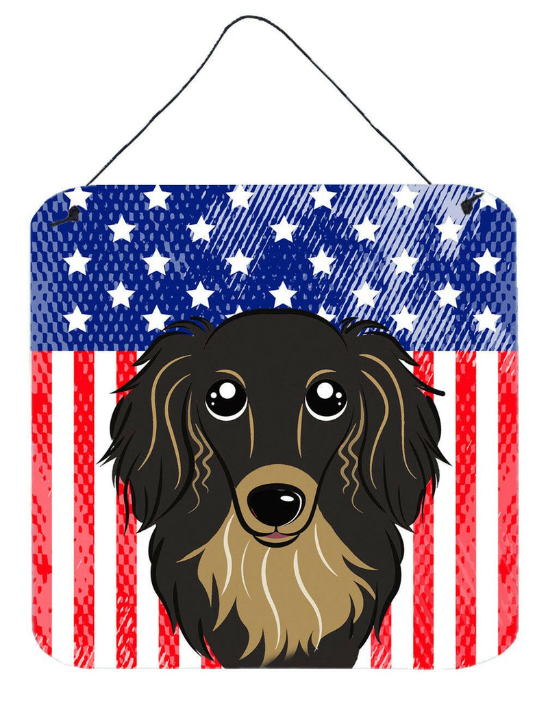 American Flag and Longhair Black and Tan Dachshund Wall or Door Hanging Prints BB2143DS66