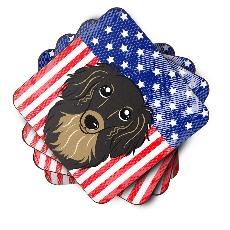 American Flag and Longhair Black and Tan Dachshund Foam Coaster