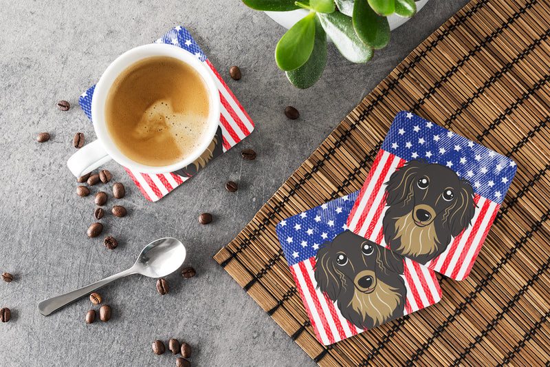 American Flag and Longhair Black and Tan Dachshund Foam Coaster