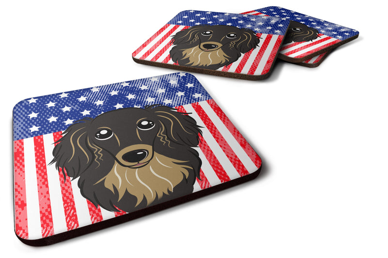American Flag and Longhair Black and Tan Dachshund Foam Coaster