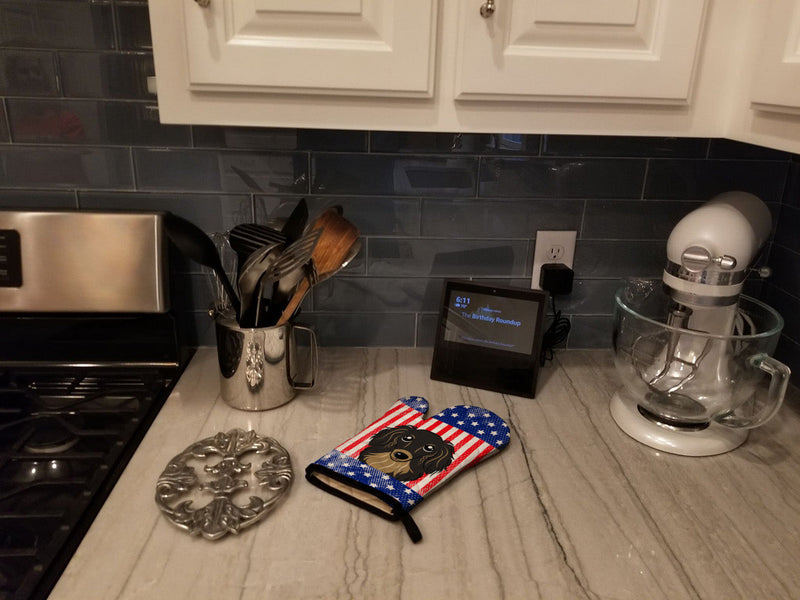 American Flag and Longhair Black and Tan Dachshund Oven Mitt BB2143OVMT