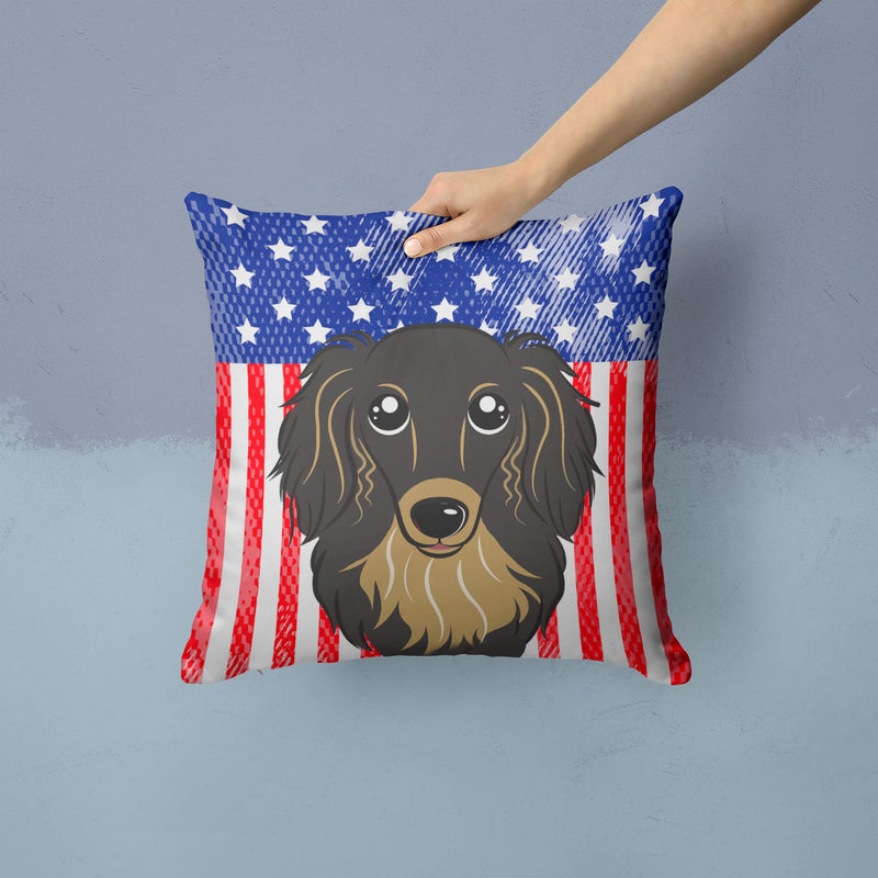 American Flag and Longhair Black and Tan Dachshund Throw Pillow - 14x14 Decorative Pillow – Art for Your Home & Patio BB2143PW1414